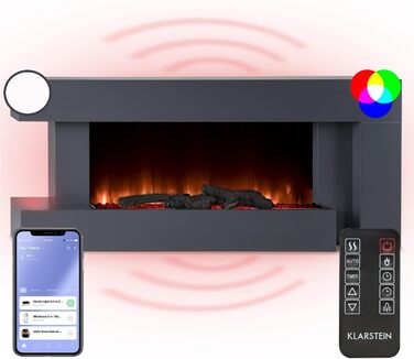 Електрокамін Klarstein Light & Fire 2 Smart, 2000 Вт, LED-імітація полум'я, настінний, з дистанційним керуванням і таймером, енергозберігаючий, чорний, корпус MDF