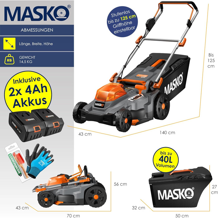 Акумуляторний газонокосарка MASKO з функцією мульчування, 2 акумулятори Li-Ion 4Ah, подвійний зарядний пристрій, триммер, ширина зрізу 37 см, 6 положень висоти, кошик 40 л, площа до 600 м², в комплекті рукавички та щітка, чорний/помаранчевий