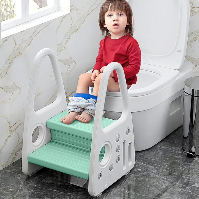 Триттхокер для дітей LZQ Kinder: 2 сходинки, навчальний стільчик-сходинка, піраміда, антиковзкий, пластик, для ванної/кухні, зелений