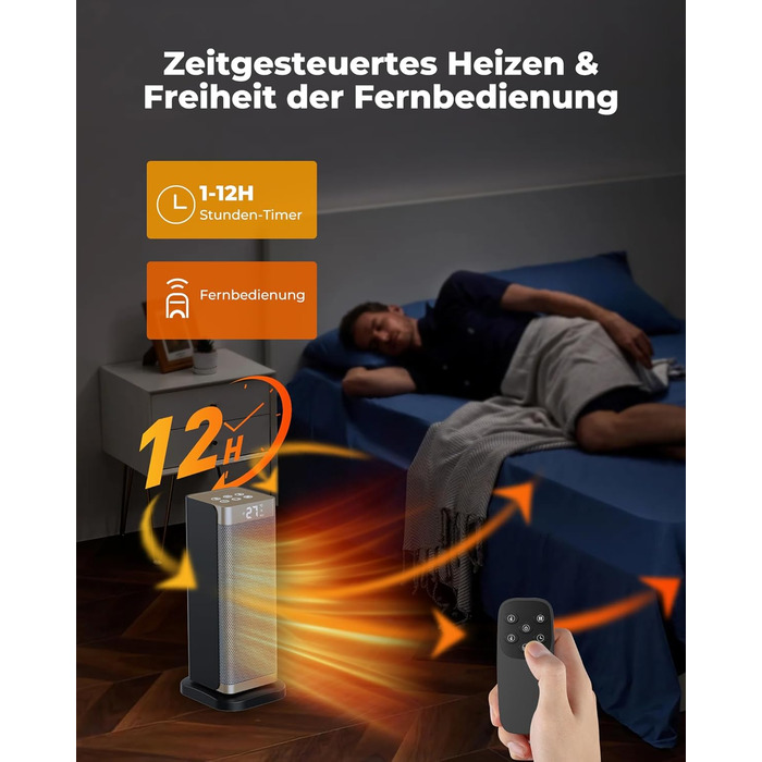 Електричний обігрівач 2000W з енергозбереженням, тихий, 3 режими, PTC кераміка, швидкий нагрів, ECO-режим, пульт ДУ, таймер 12H, поворот 70°, для офісу, спальні, ванної кімнати, золотий