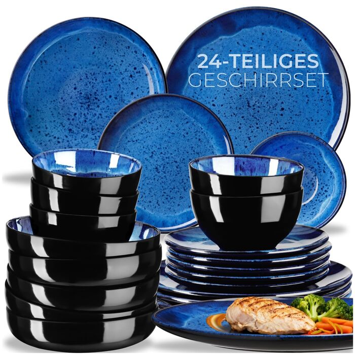 Набір посуду tectake® 30tlg. для 6 осіб, керамічний, з тарілками, мисками та чашками, придатний для миття в посудомийній машині та використання в мікрохвильовці - (24 шт., Nautic Blue)