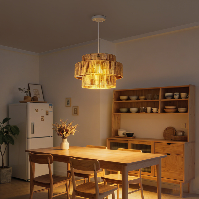 Підвісна лампа з тришаровим абажуром, метал, мотузка з натурального льону, світло-коричневий