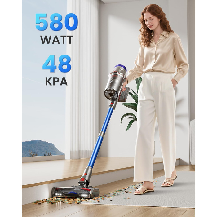 Бездротовий акумуляторний пилосос 48000Pa/580W/65Min, об'єм 1,8L, з функцією від'єднання пилу, антизаплутана щітка, 8-ступенева фільтрація. Підходить для килимів, шерсті тварин та твердих поверхонь. Колір: блакитний