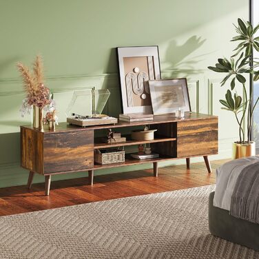 Тумба під телевізор WLIVE 160x40x47 см з двома дверцятами та відкритими полицями, вітальня, спальня, вінтажний коричнево-чорний