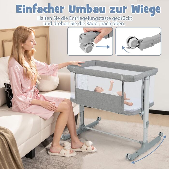 DREAMADE Beistellліжко 2-в-1 з регулюванням висоти, 5-рівнів, для новонароджених, з матрацом та колесами, 86 x 63 см, нахил 10°, сірий колір