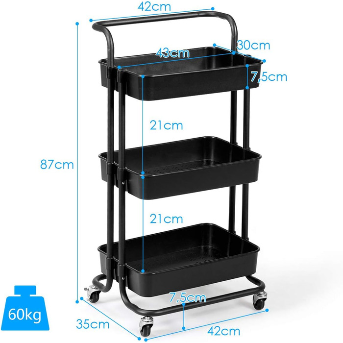 Візок сервірувальний GOPLUS 3-х рівневий з колесами, металевий, для кухні, ванної кімнати, дитячої кімнати, з гальмами (чорний)