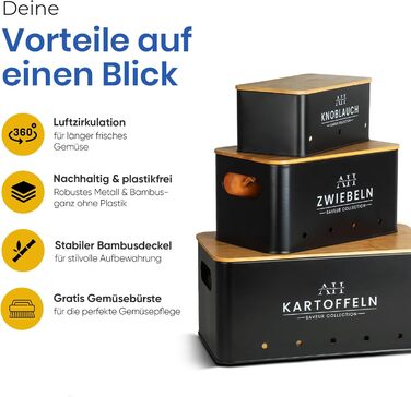 Набір коробок для зберігання картоплі та овочів AH® (4 шт.) з щіткою для овочів. Підходить для зберігання картоплі, цибулі та інших овочів. Чорний колір, преміум-якість.