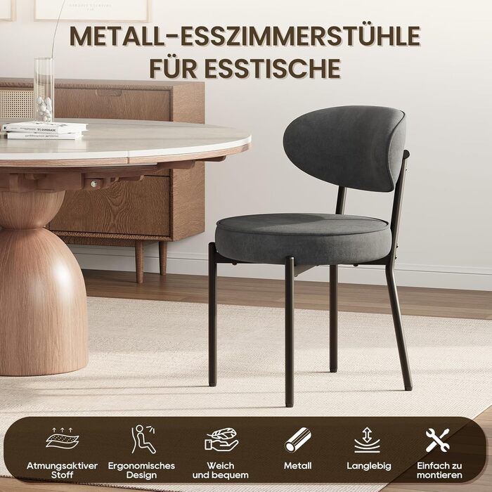 Обідні стільці COLAMY з м'яким сидінням 10 см – Сучасні стільці з плюшевої тканини Teddy, з міцним металевим каркасом – Для кухні та вітальні, Білий (Сірий, 2 шт.)