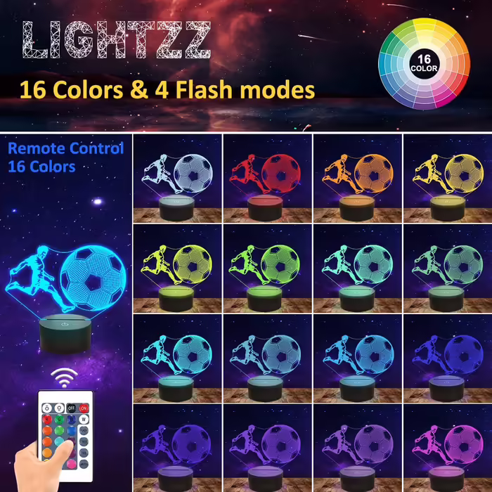 Світильник-нічник 3D Футбол для дітей Lightzz з пультом, 16 кольорів, таймер, LED лампа для кімнати хлопчика