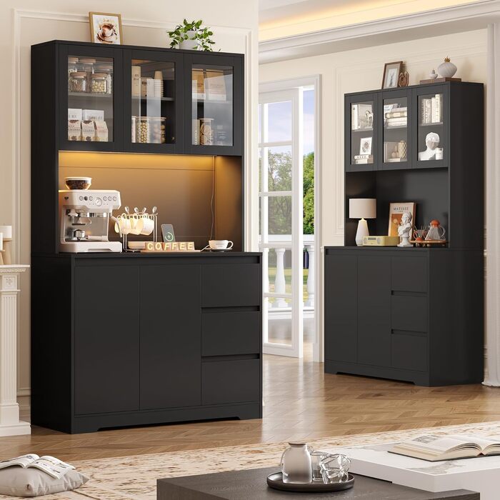 Чорний кухонний буфет з LED-підсвіткою, стільницею та 3 висувними ящиками, 180x100x38.5 см