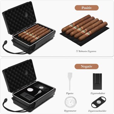 Портативний вологозберегаючий футляр для сигар на 5 сигар (50RG) з ножем, підставкою, гігрометром та зволожувачем, подарунковий набір для поціновувачів сигар (Чорний)
