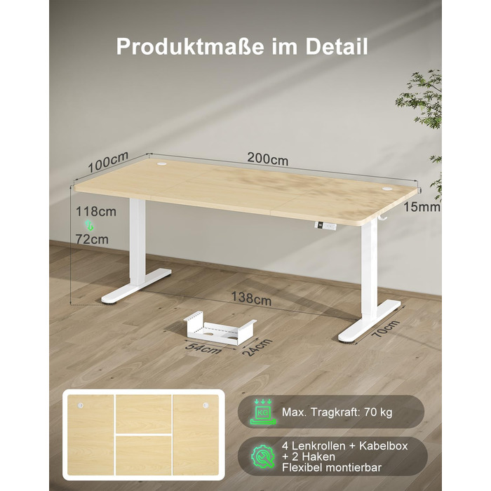Регульований стіл Devoko 200x80 см з USB-C, електричний, для дому та офісу, білий (200 x 80 см, дуб)
