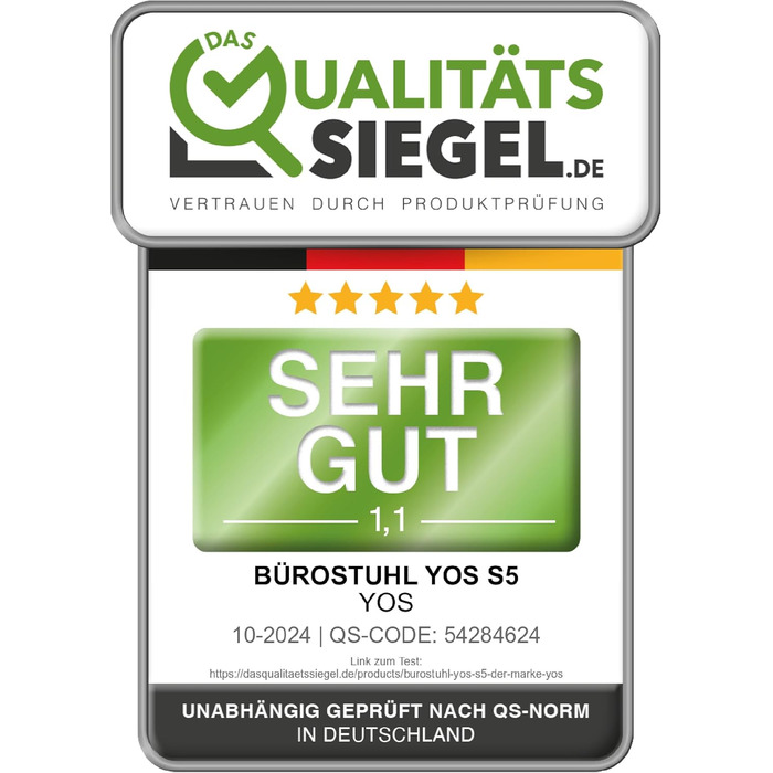 Офісний стілець YOS S5 з підтримкою спини та голови, чорний. Ergonomічний стілець до 150 кг, Made in Germany