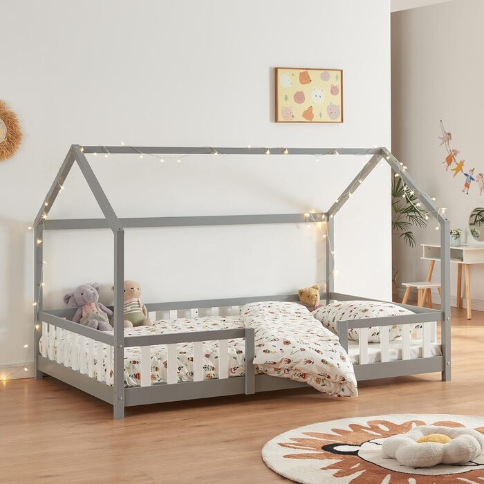 Ліжко дитяче Sisimiut Montessori 140x200 см з бар'єром. Дерев'яне ліжко для дітей, підлога, ламелі, сосна, світло-сірий/білий, без матрацу