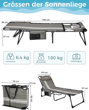 Шезлонг KingCamp великого розміру, розкладний, 5 положень, для саду, відпочинку, кемпінгу, з подушкою та кишенею, до 200 кг, 200 x 68 см, сірий