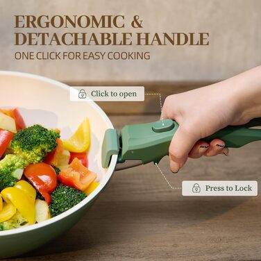 Набір каструль та сковорідок 23 частини з антипригарним покриттям, знімні ручки, для всіх типів плит, сумісний з духовкою, без PFAS, PTFE, PFOA, кремово-білий