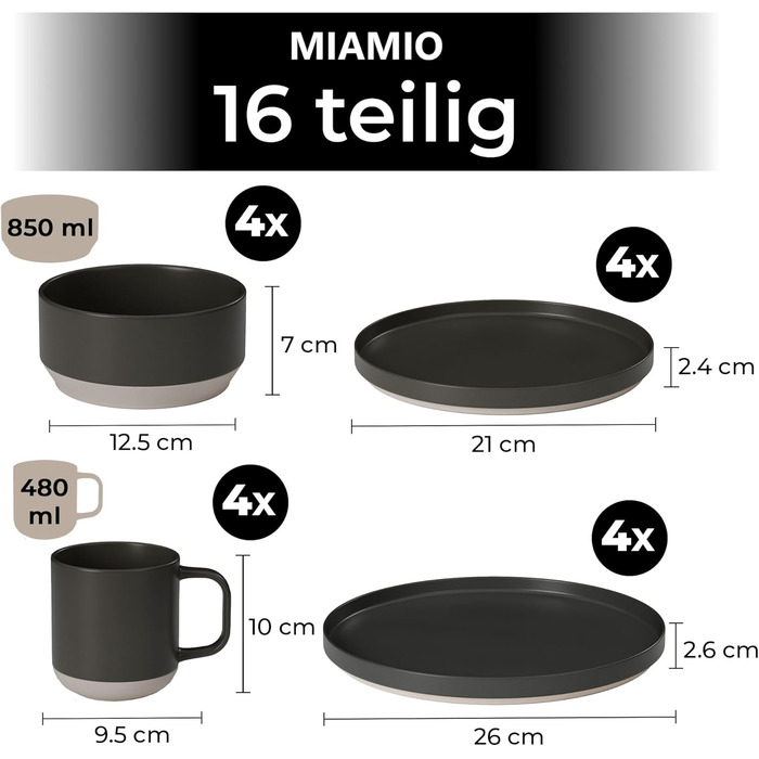 Набір посуду Miamio Sierra 16 предметів (тарілки, миски) – бежевий, для 4 осіб, з каменю, сумісний з мийкою та мікрохвильовкою