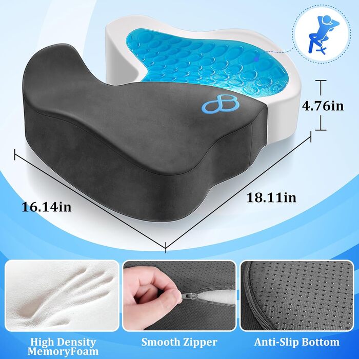 Подушка для сидіння CushyOasis: м'яка, з memory foam, для офісного крісла, сірого кольору, знімний чохол, протиковзна основа, для полегшення болю в куприку, товщиною 13,4 см (Medium)