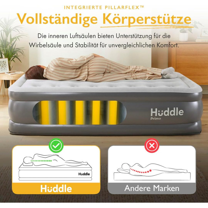 Надувне ліжко Huddle Lite з вбудованим насосом – комфортна матрац для кемпінгу, гостей та запасних кімнат (одинарне, двоспальне, king size)