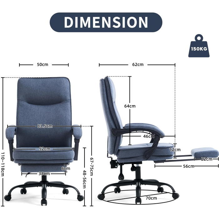 Ергономічне крісло для офісу, комп'ютерне крісло для начальника з регульованою спинкою 90-135° та підніжкою, сіре, тканина, 150 кг