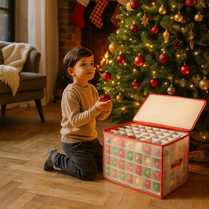 Коробка для зберігання 32 ялинкових прикрас Com-Four® - Сортувальник для ялинкових кульок та новорічного декору - Прозора/Червона