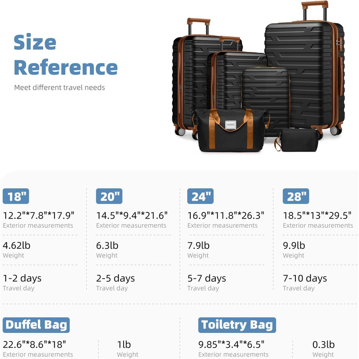 Набір валіз LARVENDER 6 шт. з жорсткою обшивкою, легкий ABS, розширюваний, міцний, ручна поклажа, 4 колеса, TSA-замок, з сумкою та косметичкою, білий/коричневий