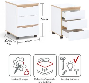 Роликовий контейнер Stella Trading Memphis – білий з імітацією дуба Artisan, 45 x 66 x 55 см – мобільний офісний шафчик з шухлядами