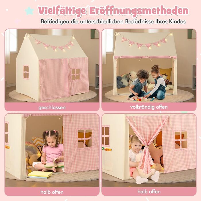Дитячий намет GOPLUS з м'яким килимком, зірочками та китицями, ігровий будиночок для дому та вулиці з вікнами, дверима та кишенями, для дітей від 3 років (Рожевий)
