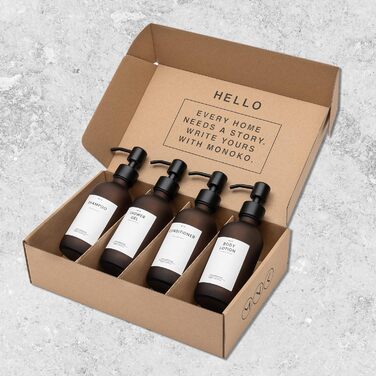 MONOKO Набір дозаторів для мила 4 шт. Чорний матовий, скло, 500 мл | Дозатори для шампуню, мила, кухні, з нержавіючою сталею | Pumpflasche + наклейки