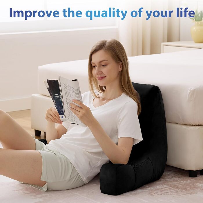 Подушка для читання з підлокотниками для дорослих, спинка для сидіння в ліжку, подушка з подрібненим пінополіуретаном з кишенями та знімним, пральним чохлом, для відпочинку, перегляду телевізора (Чорний, Стандартний L(20 дюймів))