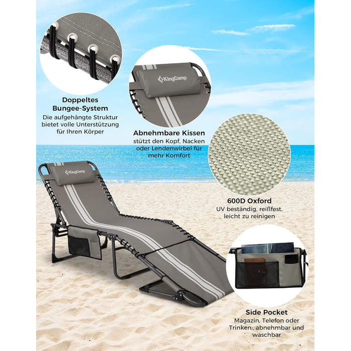Шезлонг KingCamp великого розміру, розкладний, 5 положень, для саду, відпочинку, кемпінгу, з подушкою та кишенею, до 200 кг, 200 x 68 см, сірий