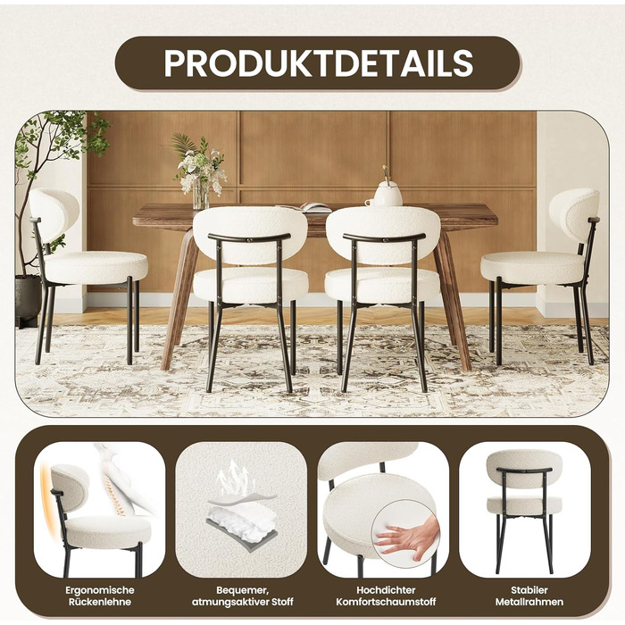 COLAMY Комплект обідніх стільців 4 шт. з м'яким сидінням 10 см – Сучасні м'які стільці з плюшевої тканини Teddy, з міцним металевим каркасом – Для кухні та вітальні, Білий. Комплект 4 шт.