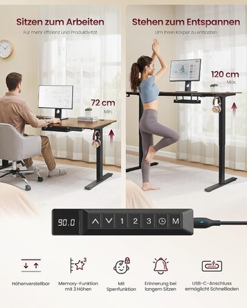 Стол для роботи VASAGLE з регулюванням висоти, USB-C, підставка для розеток, стоячий стіл, нагадування про перерви, 3 пам'яті, 160x80 см, Vintage Brown (LSD146WZ02)