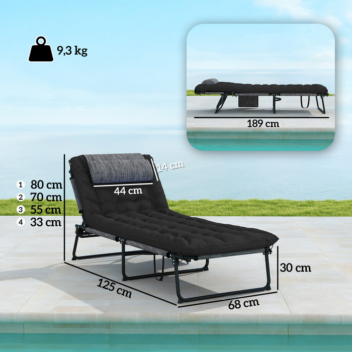 Розкладний шезлонг для саду з підголовником, лежак з регульованою спинкою (4 положення) та бічною кишенею, колір чорний