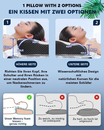 Ортопедична подушка для шиї IDEA з Memory Foam - для сну на боці, спині та животі, проти болю в шиї, 62x34.5x12/8 см