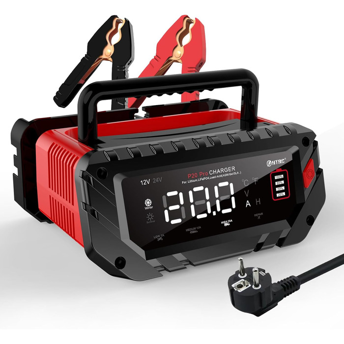 Швидкий зарядний пристрій Haisito 12V/24V 20A для акумуляторів автомобілів, мотоциклів, Li-Ion, AGM, Gel, MF, EFB, SLA, VRLA - розумний, швидкий зарядний пристрій