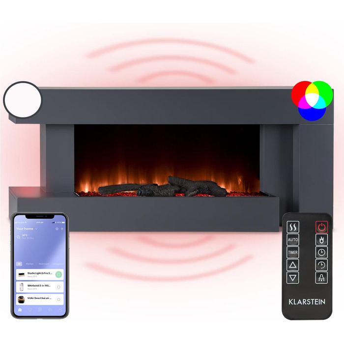 Електрокамін Klarstein Light & Fire 2 Smart, 2000 Вт, LED-імітація полум'я, настінний, з дистанційним керуванням і таймером, енергозберігаючий, чорний, корпус MDF