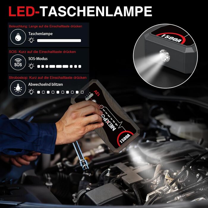 Powerbank Starthilfe NEXPOW 1500A: Зарядний пристрій для автомобіля, стартер, LED ліхтарик, USB, 12V, 1500A