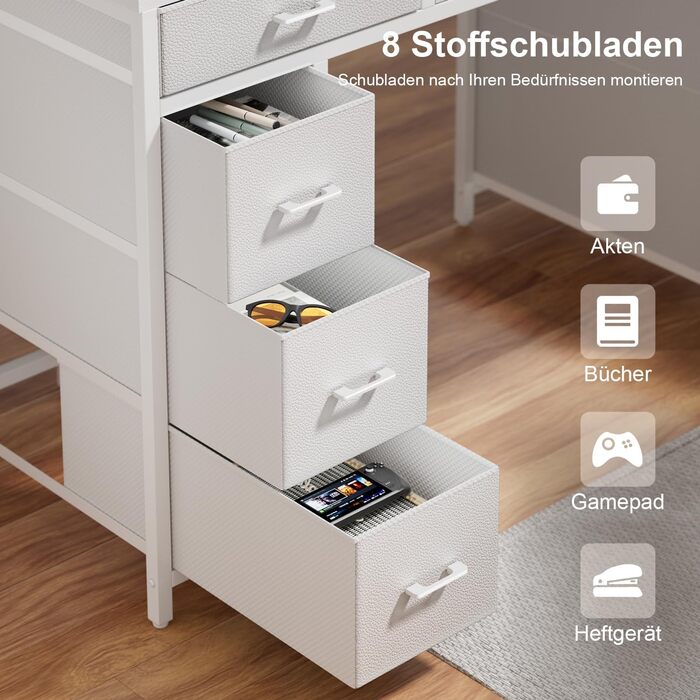 Комп'ютерний стіл з 8 висувними ящиками, 2 розетками та USB-портами, LED-підсвічуванням та підставкою для монітора, 120 x 50 x 74 см, білий