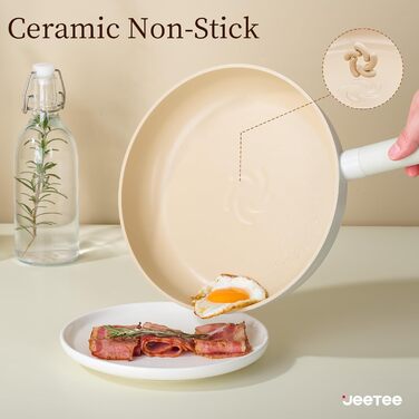 Набір посуду JEETEE 17 предметів з антипригарним покриттям Ceramic, знімні ручки. Каструлі 16/20/24 см, сковороди 24/28 см, глибока сковорода 28 см. Підходить для всіх типів плит, духовка, 17 предметів, бежевий