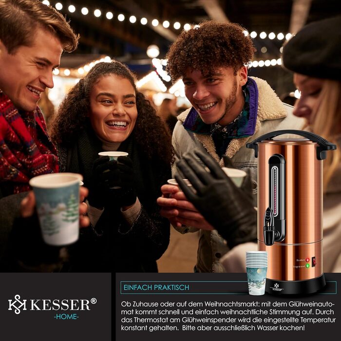 Кесер® Електричний казанок для глінтвейну 10л з нержавіючої сталі, з термостатом, 10 склянок, індикатор рівня, кран, мідний