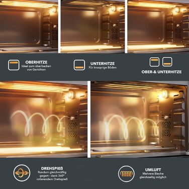 Багатофункціональна міні-піч Heinrich's з об'ємом 48л, конвекція, таймер 8год, підсвітка, 100-230°C, сенсорне керування, з аксесуарами, чорна, 2000W