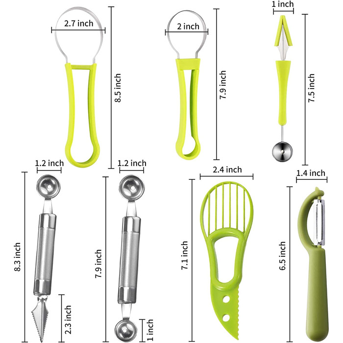 Набір для нарізки фруктових ложок з 5 предметів, Ножі для нарізки дині з нержавіючої сталі 4 в 1 і двостороння формочка для печива з дині, корж з авокадо