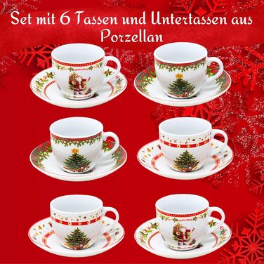 Набір з 6 різдвяних кавових чашок і блюдець - Порцеляна, яку можна мити в посудомийній машині
