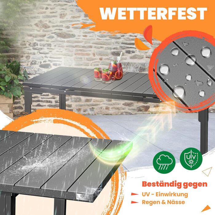 Розсувний садовий стіл KESSER® 180/240x90 см для 8 осіб, з розширенням, сталеве покриття, стільниця HDPE, вологостійкий, UV-стійкий, в комплекті 6 підставок