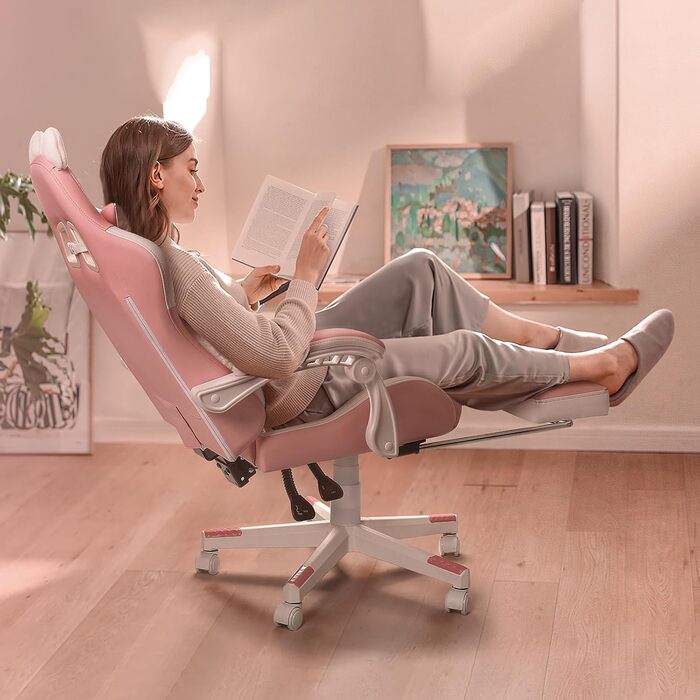 Ігровий крісло Waleaf з підголовником у вигляді лапки кота та вушками, ергономічний геймерський крісло з підніжкою, регульоване крісло для комп'ютера з PU шкіри для дівчаток-підлітків, ігрове крісло 135кг, рожеве