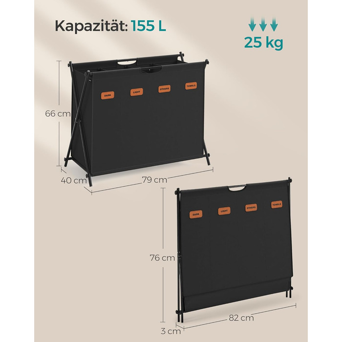 Кошик для білизни SONGMICS, 2 відділення, складна X-подібна рамка, спеціальні етикетки, 155 л, чорнило чорне
