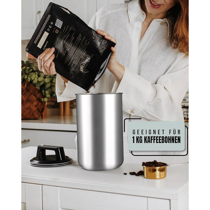 Контейнер для кави KC Kitchen & Co. на 1 кг з нержавіючої сталі, герметичний, з вакуумним клапаном, для кави, чаю, цукру, мюслі, білий матовий (2800 мл)