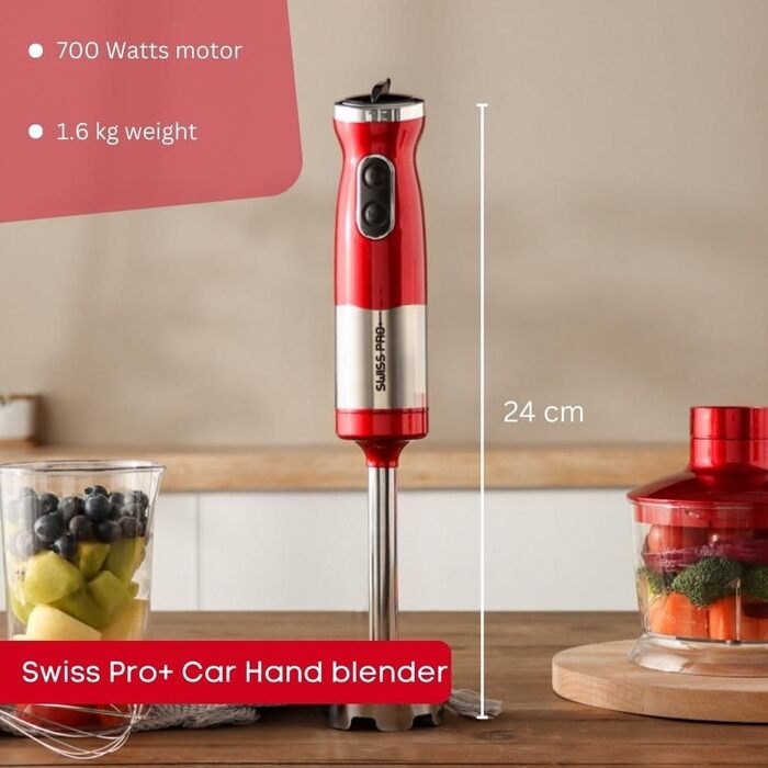 Набір ручних блендерів Swiss Pro 3-в-1 - Електричний ручний блендер з 2 швидкостями - Можна мити в посудомийній машині - Ручний блендер з нержавіючої сталі - Червоний - 700 Вт