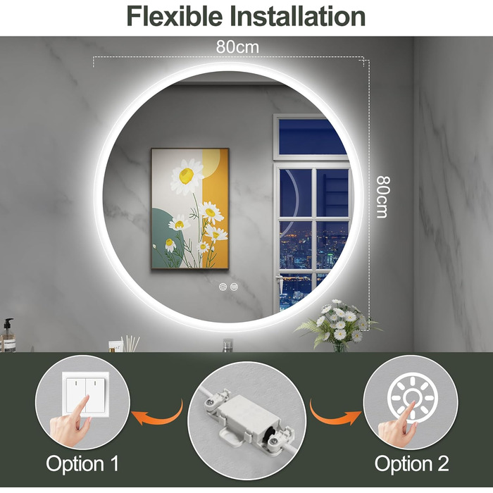 Дзеркало для ванної кімнати S'bagno Runder з підсвічуванням 60 см, з підсвічуванням та протитуманним ефектом, 3000K/4000K/6500K, регульована яскравість, HD-загартоване скло, функція пам'яті, водонепроникний LED-дзеркало для ванної кімнати IP44 (M11 (без B